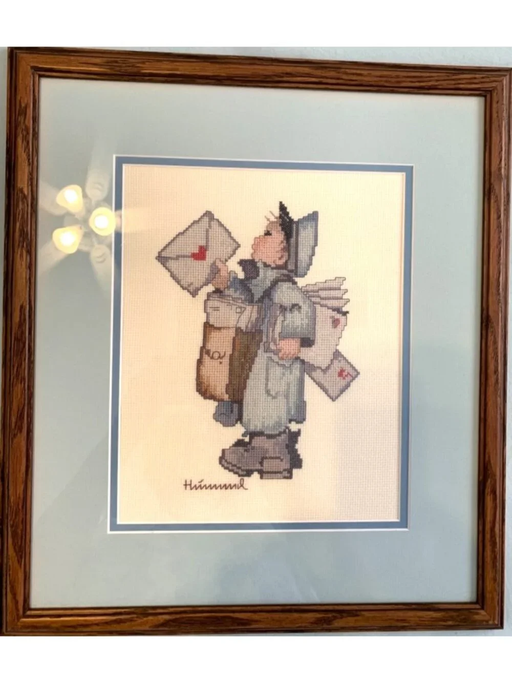 Framed Hummel-Inspired Cross-Stitch Art Of Mail Carrier With Letters 16
